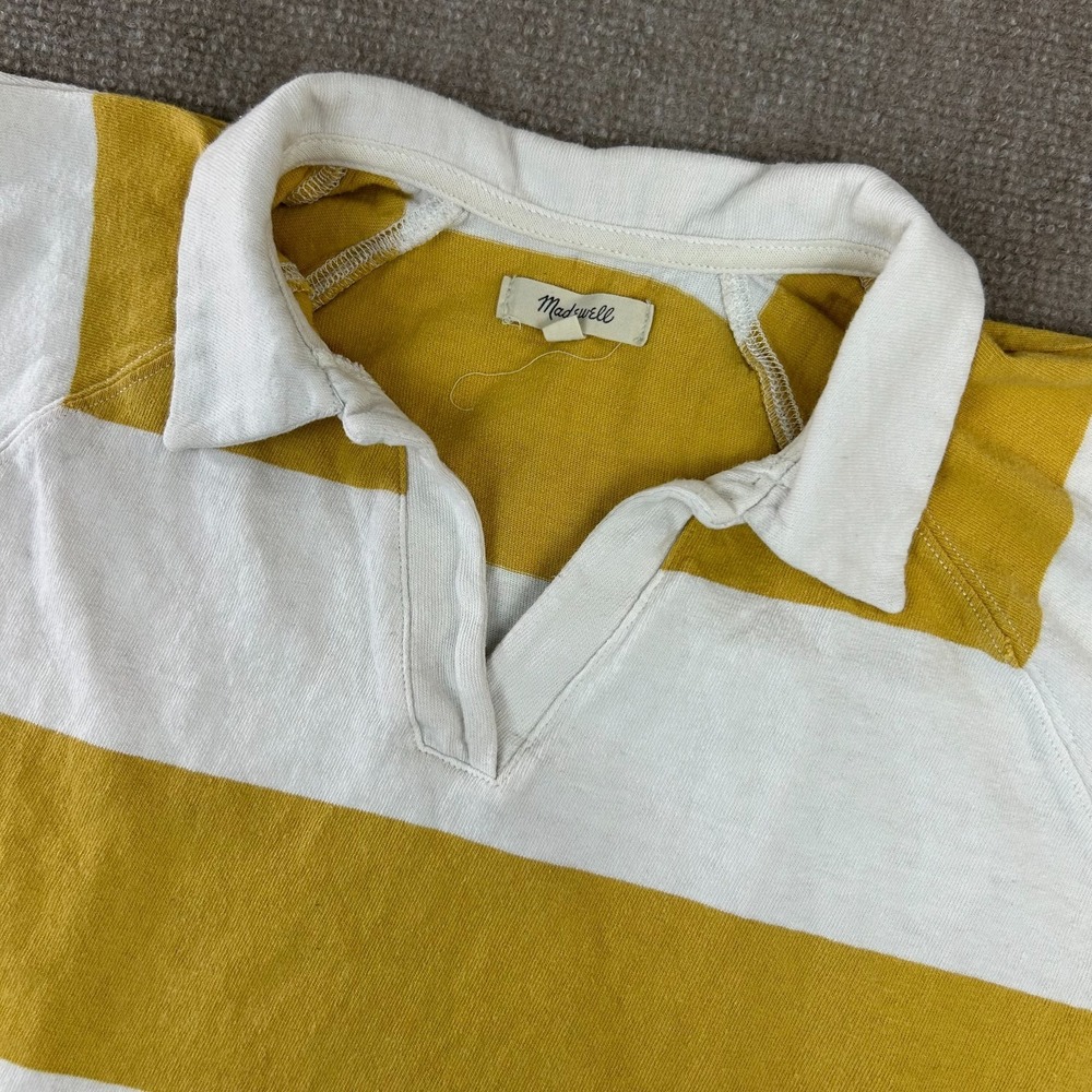 Madewell Cropped Polo Shirt Women XS Yellow White Striped Boxy Fit Johnny Collar